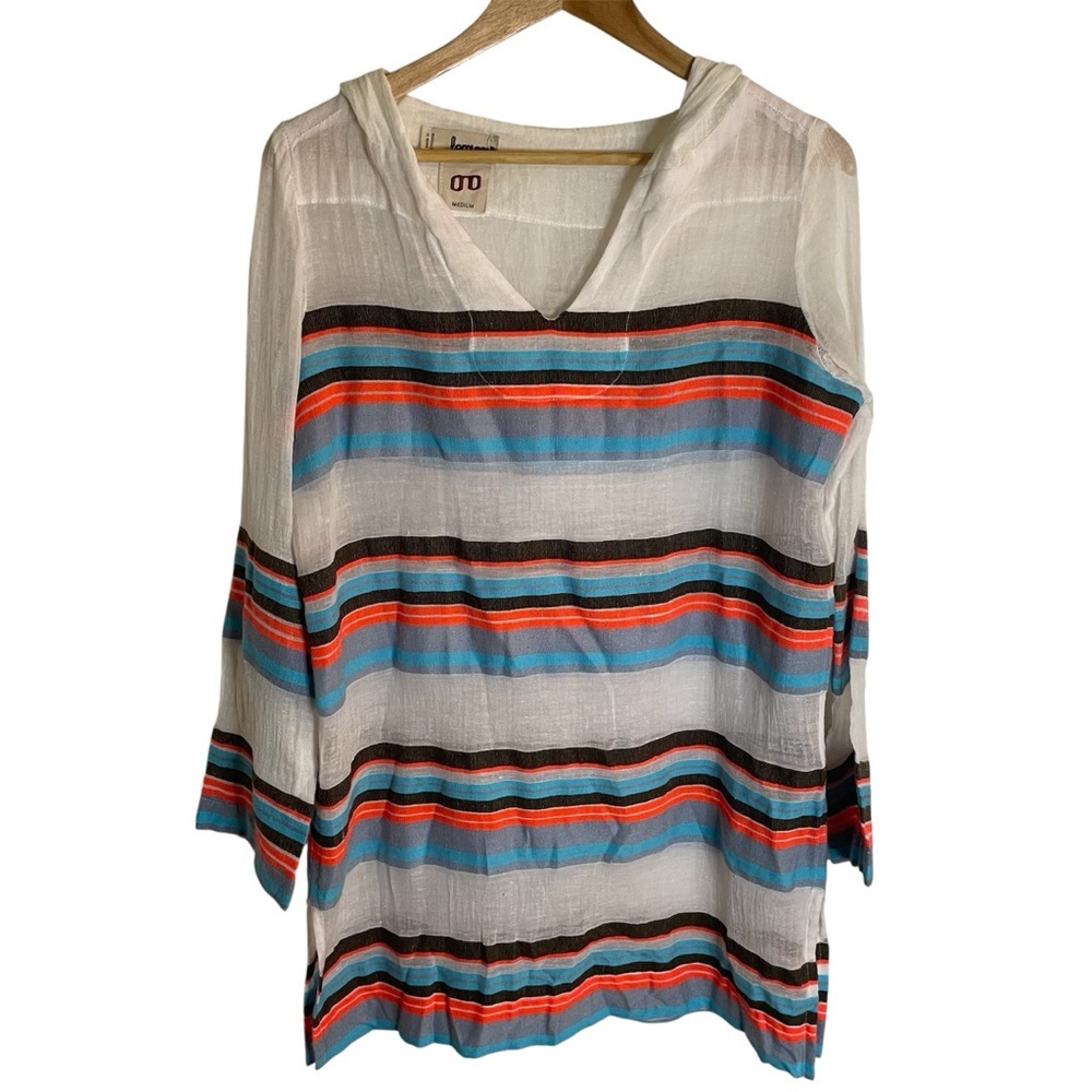 Lemlem Thin Ivory Pull-over Hoodie with Colorful Stripes Size Medium